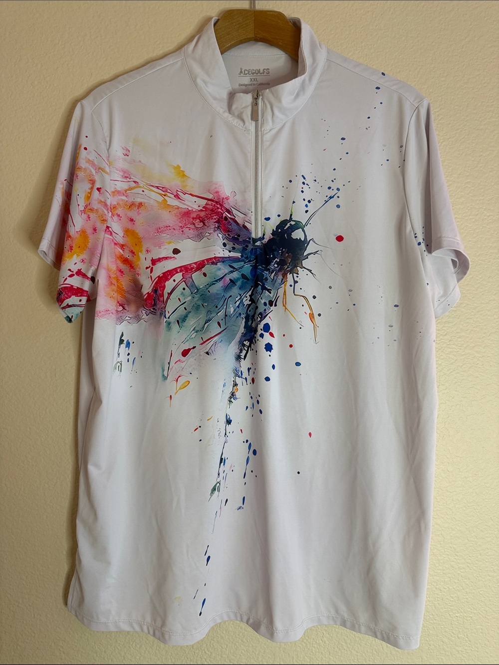 White Short-Sleeve Zip Tee with Multicolor Splash